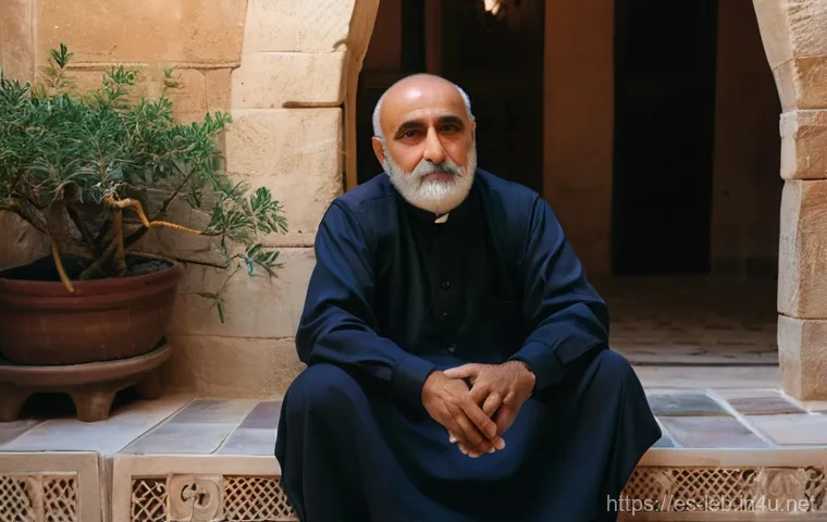 레바논 전통 악기  아우드 더르북 등 - **Prompt:** A master oud player, a middle-aged man with a contemplative expression, sits in a tradit...