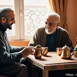 레바논의 커피 의식과 전통 - A warm and inviting Lebanese family gathering scene centered around the traditional coffee ceremony:...