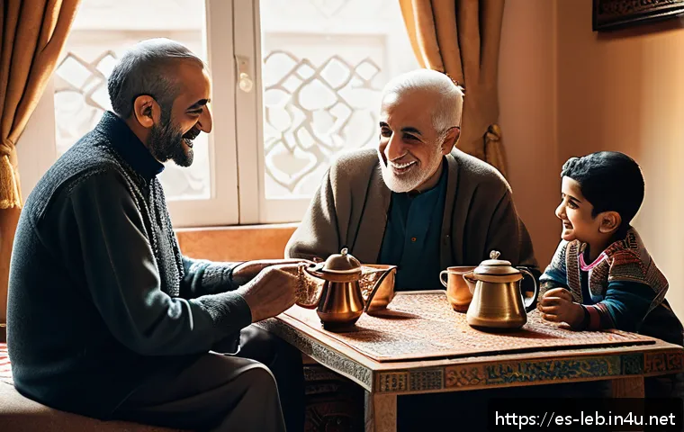레바논의 커피 의식과 전통 - A warm and inviting Lebanese family gathering scene centered around the traditional coffee ceremony:...