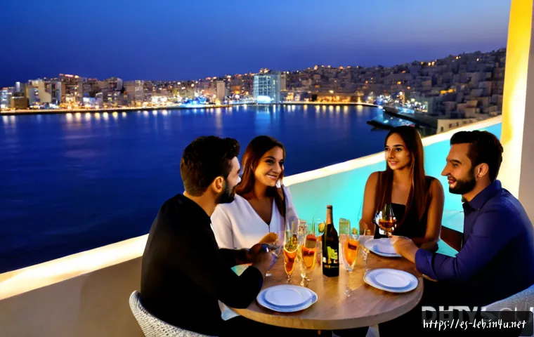 Home 15 베이루트의 나이트라이프와 클럽 문화 - Photorealistic Beirut rooftop nightlife scene, stylish adult friends in smart casual evening clothin...