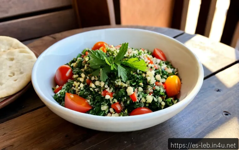 레바논 요리 특선 하마스 타불레 파타이어 - Photorealistic Lebanese mezze spread featuring a fresh tabbouleh salad in a handmade ceramic bowl, f...